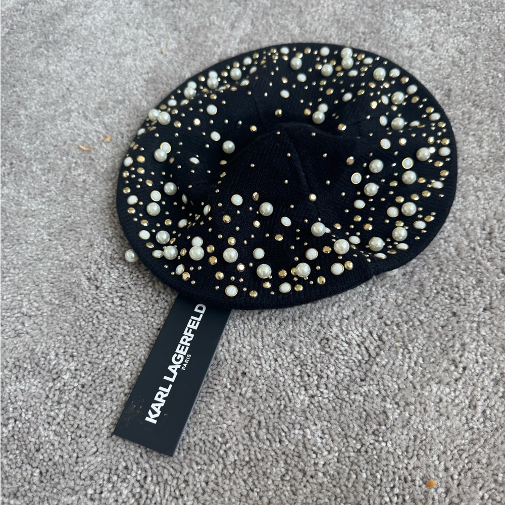 Karl Lagerfeld Black Hat with Pearl Details. Net